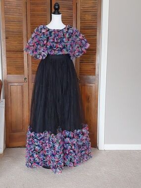 Rainbow Floral Black Tulle Pearl Maxi Cape Dress Sz S